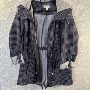 Susan Graver Navy Polka Dot Hooded Packable Rain Jacket with full zip front S